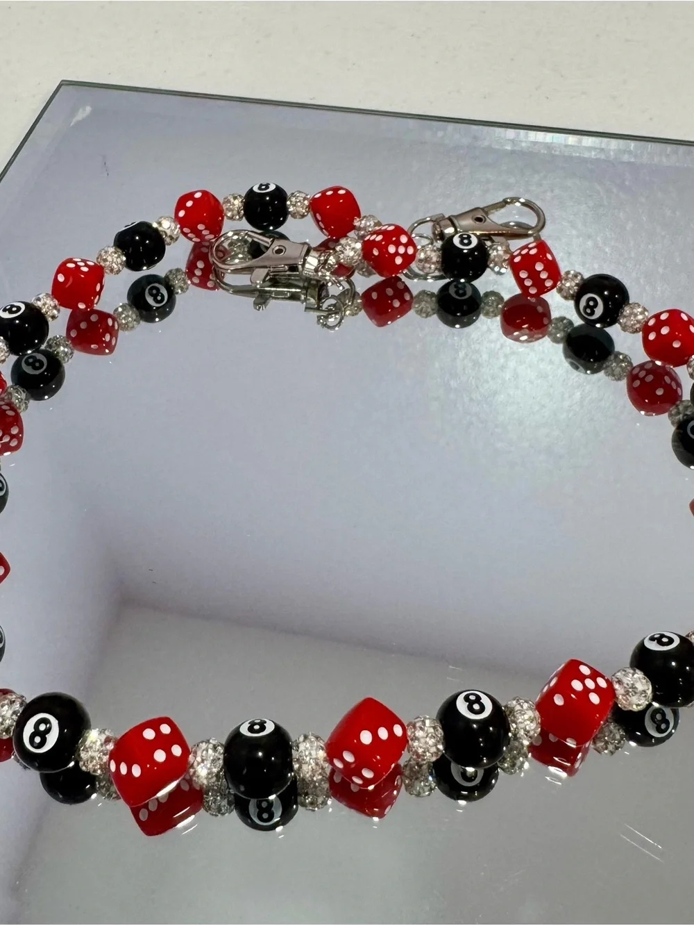 New Beaded Red & Black Dice and 8-Ball Bag Chain 18 inches